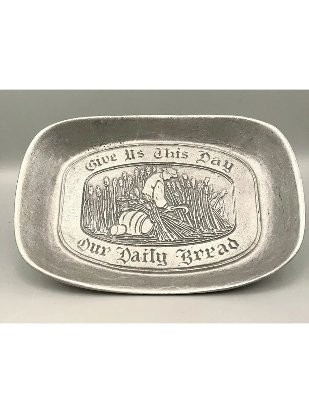 MCM Pewter Bread Tray “Give Us This Day Our Daily Bread” Vintage Farmhouse 8.5x6